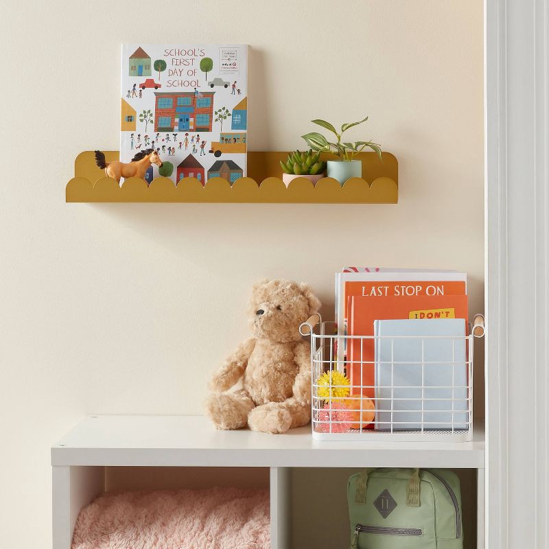 slide 2 of 4, Metal Luxe Kids' Wall Shelf Gold - Pillowfort™: Scalloped Floating Iron Wall Organizer, 24" Wide, 1 ct