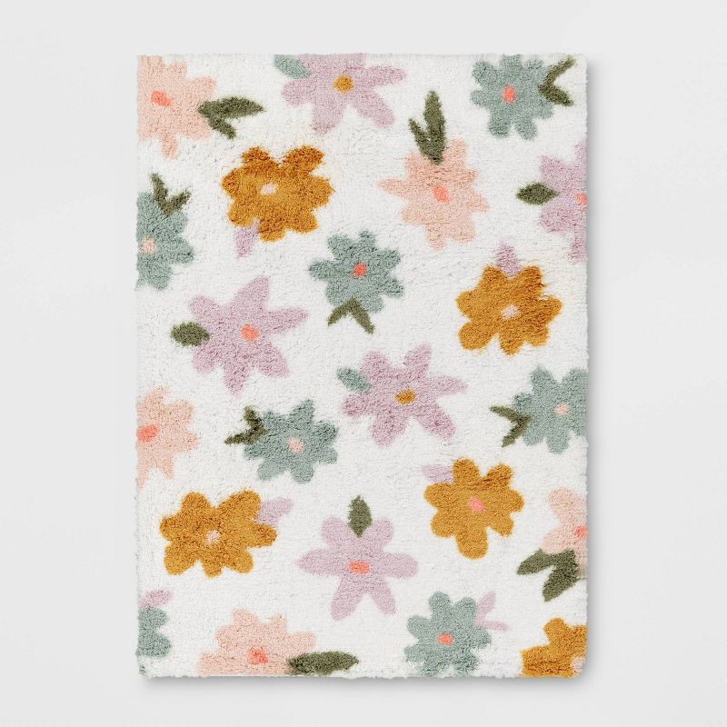 slide 1 of 5, 4'x6' Floral Kids' Rug - Pillowfort™: Multicolored, Skid-Resistant, High Pile, Tufted, Botanical Pattern, Indoor Use, 1 ct