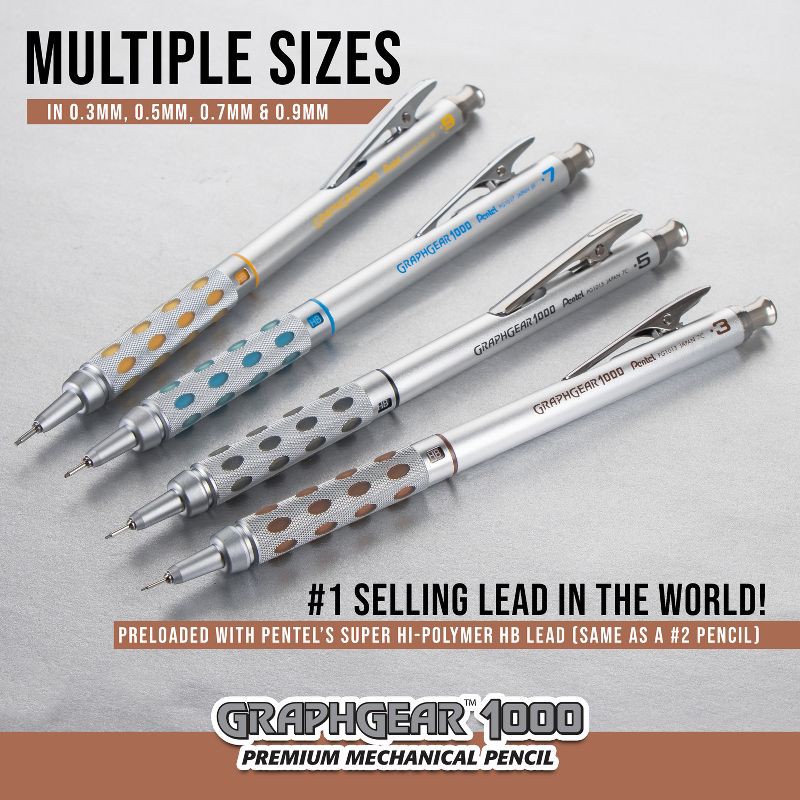 slide 3 of 8, Pentel #2 Mechanical Pencil 0.5MM GraphGear: Stainless Steel, Silver, 1 Pack, Office & Stationery Supplies, 1 ct
