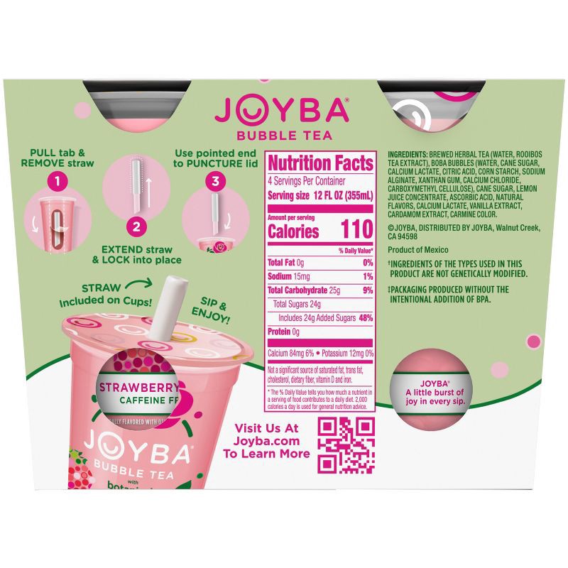 slide 2 of 5, JOYBA Strawberry Rose Caffeine Free Bubble Tea - 4pk/12 fl oz Cups, 4 ct; 12 fl oz