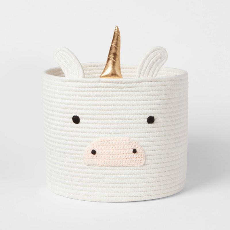 slide 1 of 3, Unicorn Coiled Rope Kids' Storage Cream - Pillowfort™: Polyester Decorative Basket, 1 Round Baskets, 10" Height, 1 ct