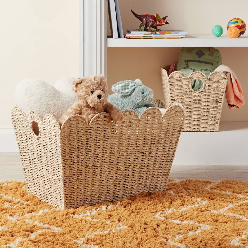 slide 2 of 3, Large Woven Scallop Kids' Storage - Pillowfort™: Handwoven Iron Basket with Handles, Off-White, 12"x14", 1 ct