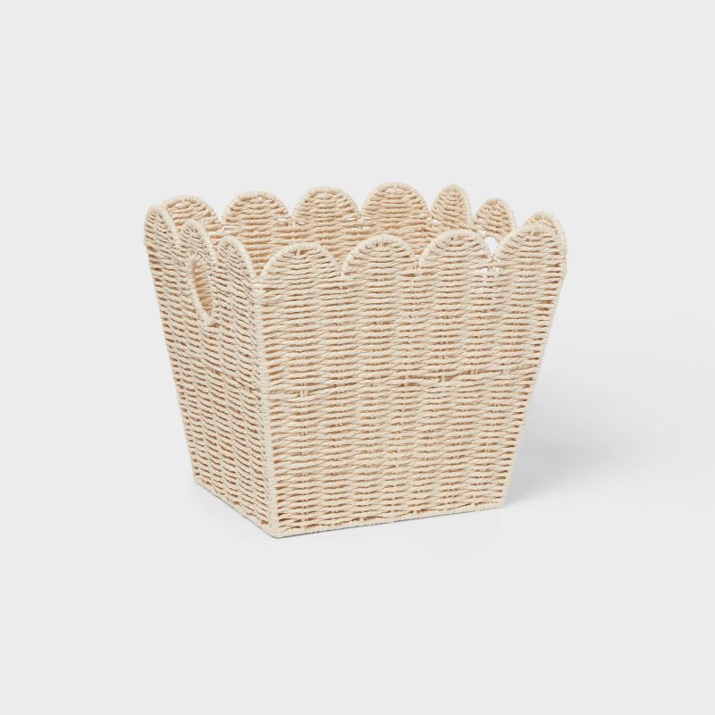 slide 1 of 3, Large Woven Scallop Kids' Storage - Pillowfort™: Handwoven Iron Basket with Handles, Off-White, 12"x14", 1 ct