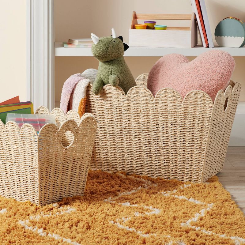slide 2 of 3, Floor Woven Scallop Kids' Storage - Pillowfort™: Handwoven Iron Basket with Handles, Off-White, 15"x25", 1 ct