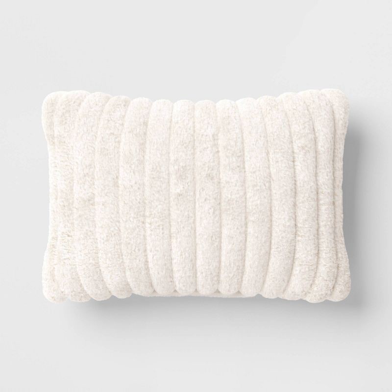 slide 1 of 4, Channeled Faux Fur Lumbar Throw Pillow Ivory - Room Essentials™: Decorative Accent for Dorm, Polyester Fill, 1 ct