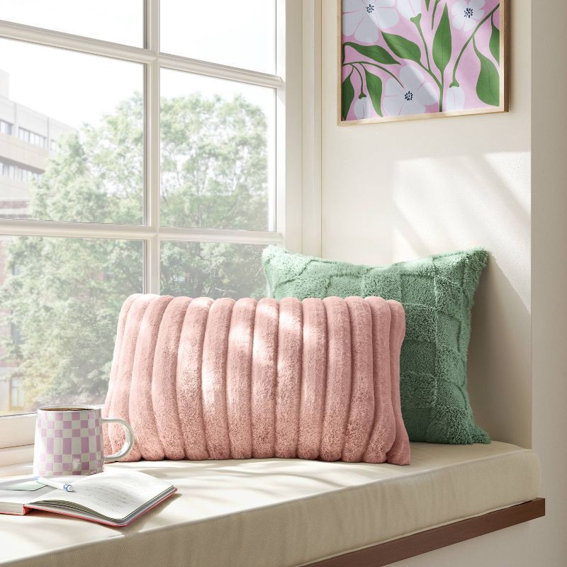 slide 2 of 4, Channeled Faux Fur Lumbar Throw Pillow Blush - Room Essentials™: Indoor Rectangle Cushion, Polyester Fill, 1 ct