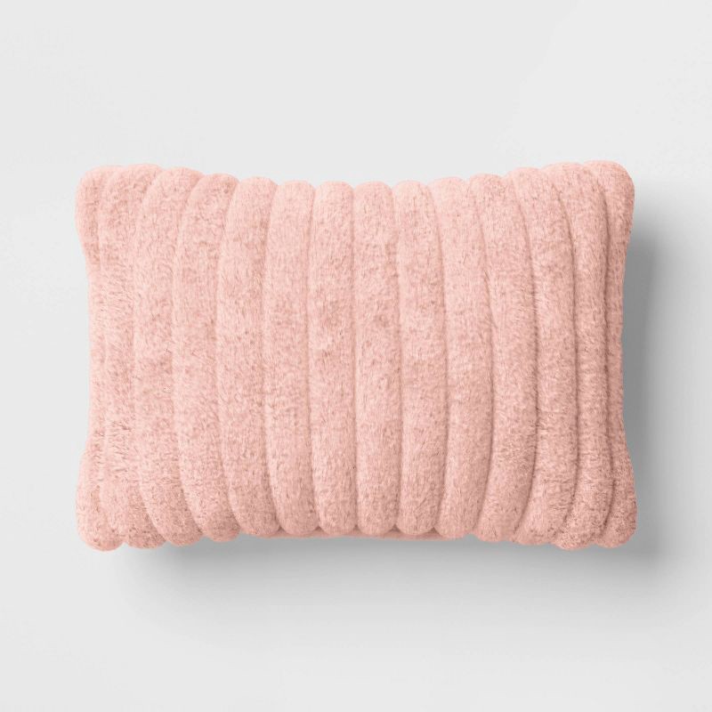 slide 1 of 4, Channeled Faux Fur Lumbar Throw Pillow Blush - Room Essentials™: Indoor Rectangle Cushion, Polyester Fill, 1 ct