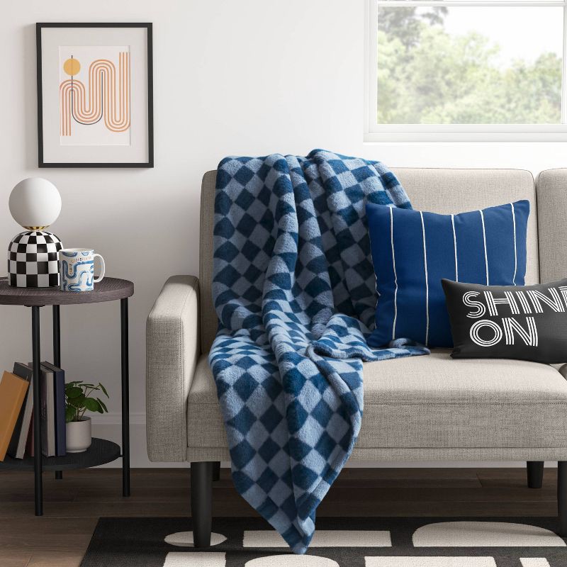 slide 2 of 5, Checkerboard Printed Plush Throw Blanket Blue - Room Essentials™: Soft, Knitted, 50x60", Machine Washable, 1 ct