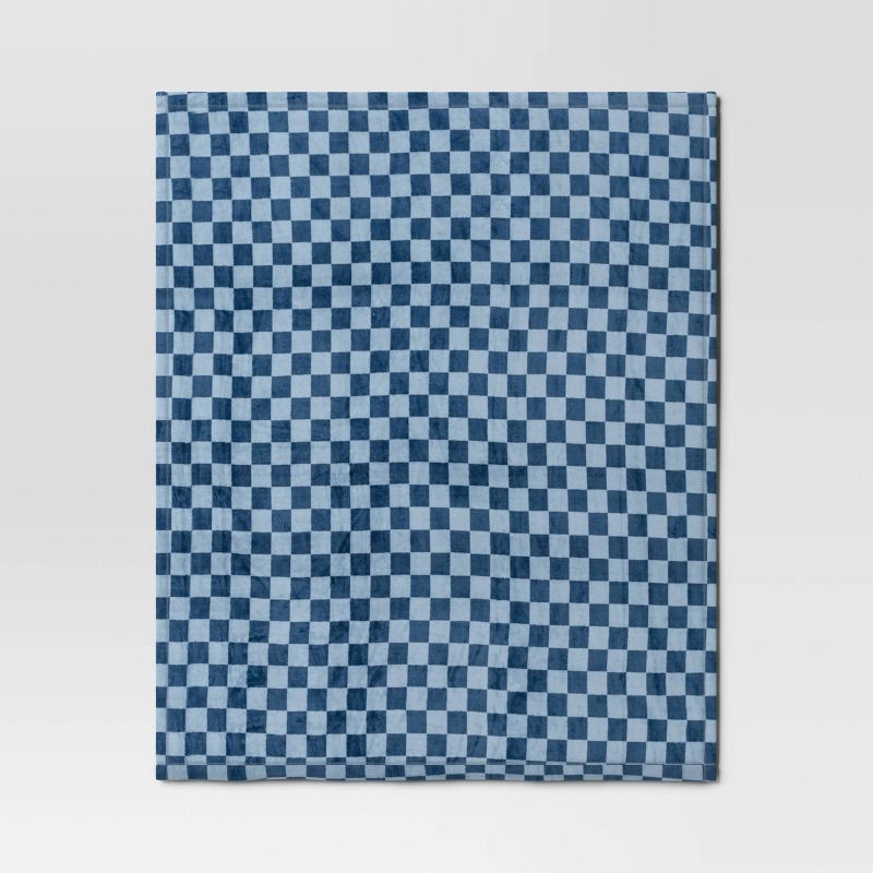 slide 3 of 5, Checkerboard Printed Plush Throw Blanket Blue - Room Essentials™: Soft, Knitted, 50x60", Machine Washable, 1 ct