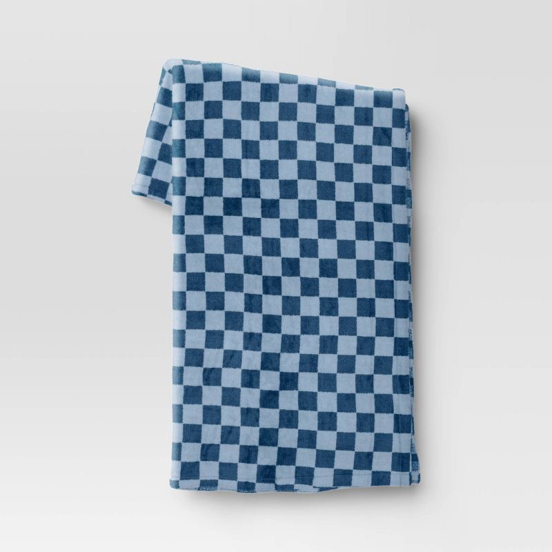 slide 1 of 5, Checkerboard Printed Plush Throw Blanket Blue - Room Essentials™: Soft, Knitted, 50x60", Machine Washable, 1 ct