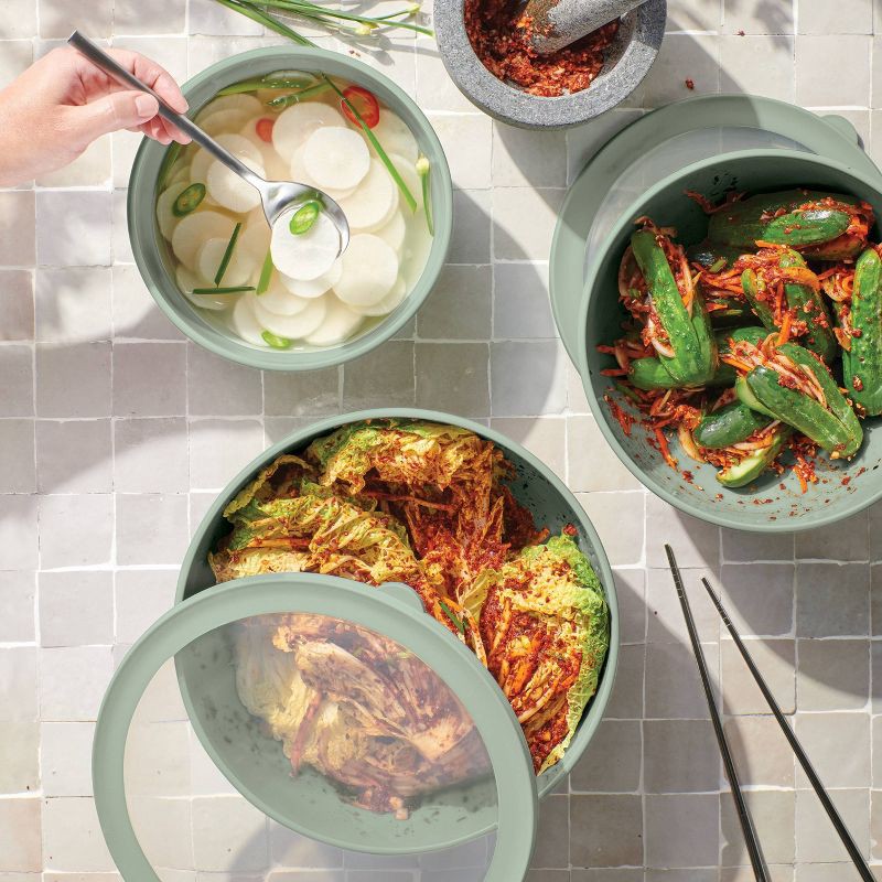 slide 2 of 4, 6pc (set of 3) Plastic Mixing Bowl Set with Lids Sage Green - Figmint™: Nesting, Dishwasher & Microwave Safe, 6 ct