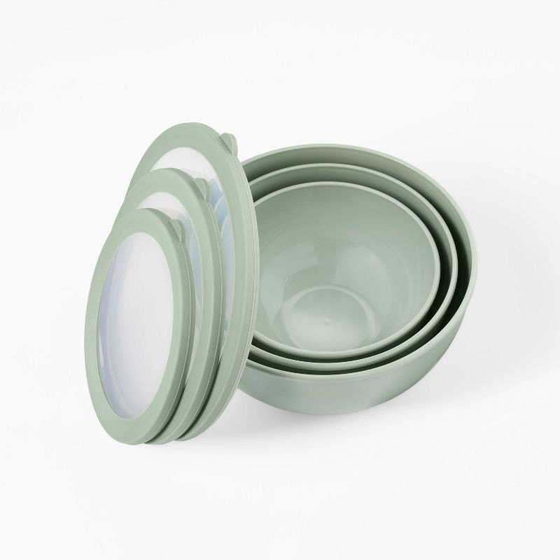 slide 3 of 4, 6pc (set of 3) Plastic Mixing Bowl Set with Lids Sage Green - Figmint™: Nesting, Dishwasher & Microwave Safe, 6 ct