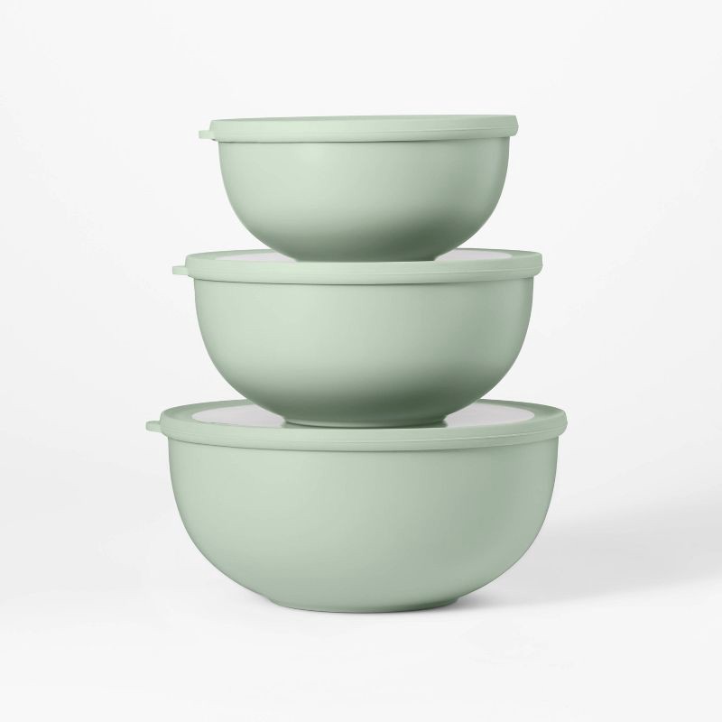 slide 1 of 4, 6pc (set of 3) Plastic Mixing Bowl Set with Lids Sage Green - Figmint™: Nesting, Dishwasher & Microwave Safe, 6 ct