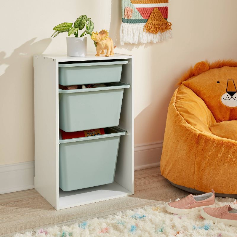 slide 2 of 4, Multi-Bin Kids' Storage Smoke Green - Pillowfort™: Toy Storage Rack, 3 Shelves, 30% Recycled Plastic, 1 ct