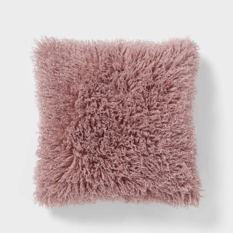slide 1 of 4, Luxe Faux Mongolian Fur Euro Decorative Pillow Mauve - Threshold™: Indoor Square Cushion, Polyester Fill, 1 ct