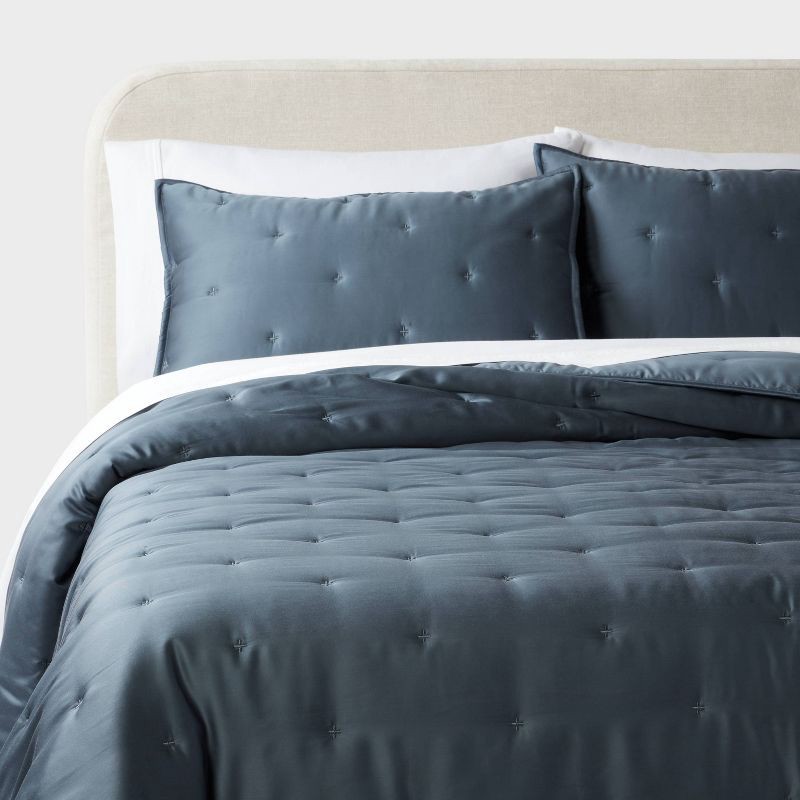 slide 2 of 5, 3pc Full/Queen TENCEL™ Comforter and Sham Set Dark Teal Blue - Threshold™: Satin Weave, 320 Thread Count, Cooling Bedding Set, 3 ct
