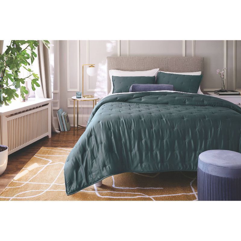 slide 1 of 5, 3pc Full/Queen TENCEL™ Comforter and Sham Set Dark Teal Blue - Threshold™: Satin Weave, 320 Thread Count, Cooling Bedding Set, 3 ct