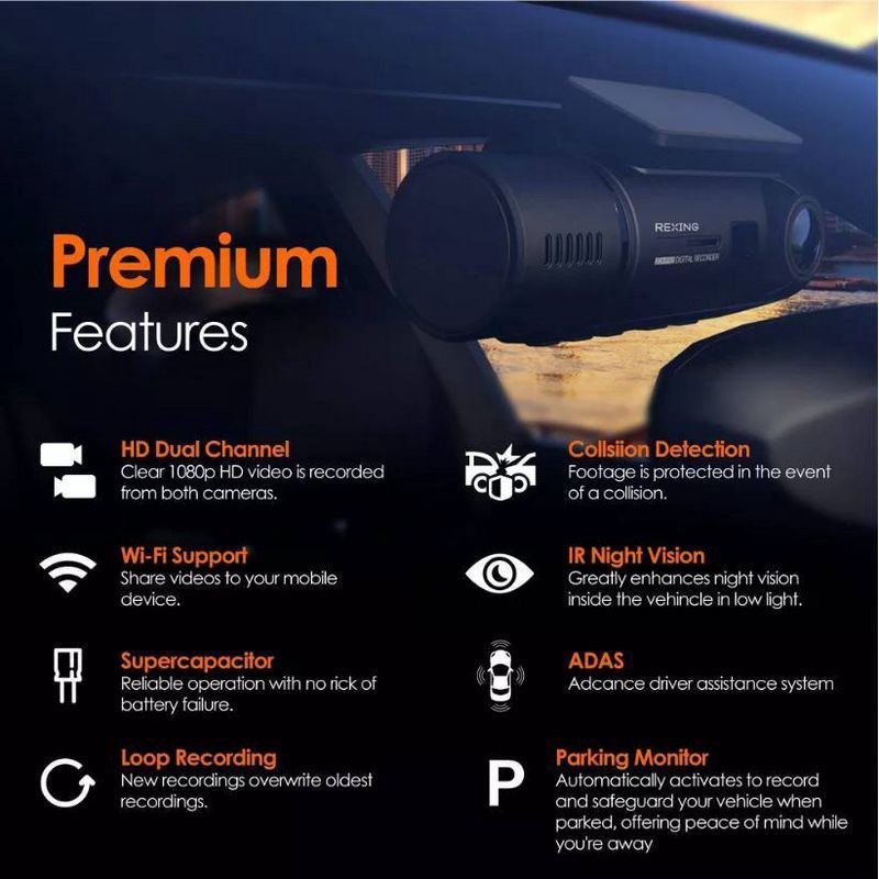 slide 3 of 17, Rexing V3C Dual Channel Front & Cabin 1080p Dash Cam with App Control: Vehicle Electronics, 1 ct