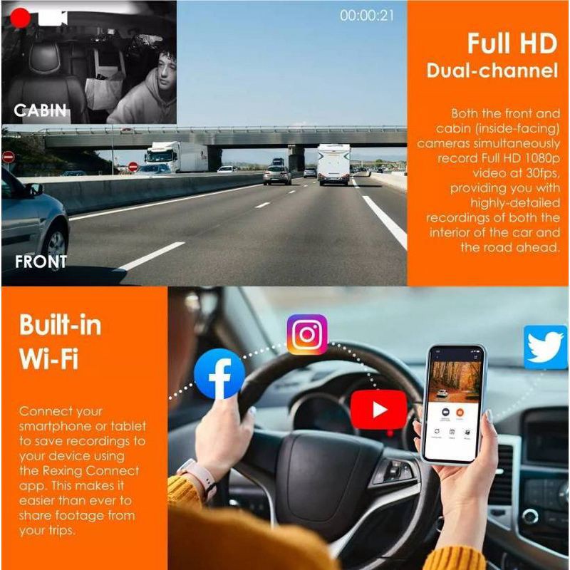 slide 4 of 17, Rexing V3C Dual Channel Front & Cabin 1080p Dash Cam with App Control: Vehicle Electronics, 1 ct