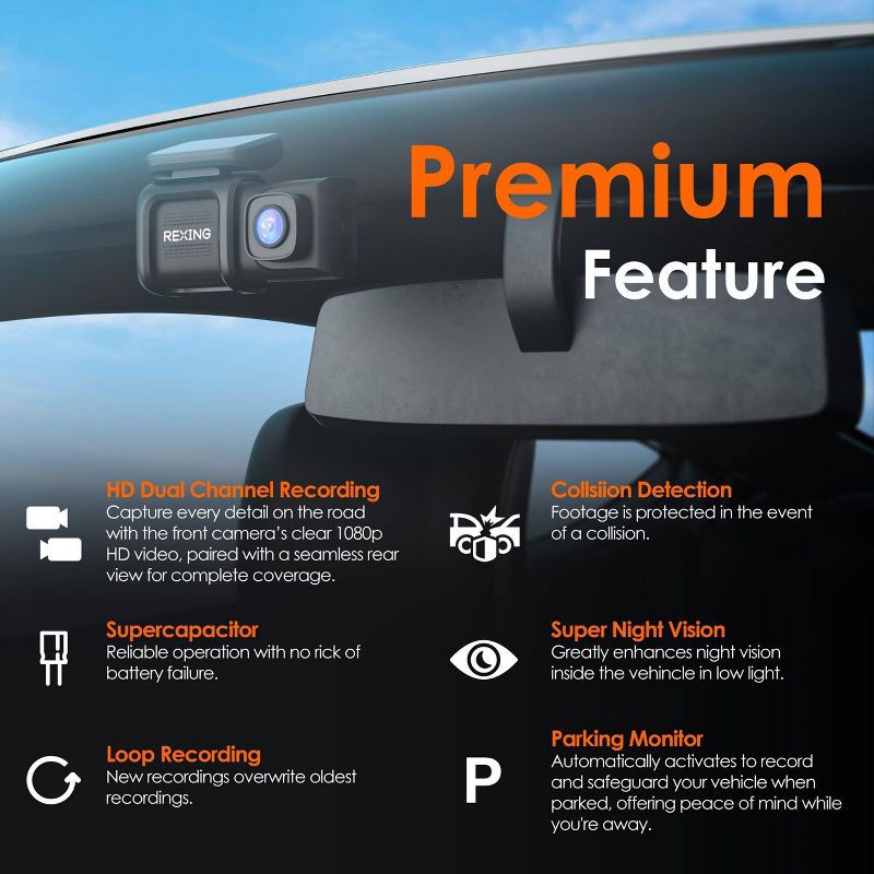 slide 2 of 16, Rexing DT2 Dual Channel 1080p Front and Rear Dash Cam, 1 ct