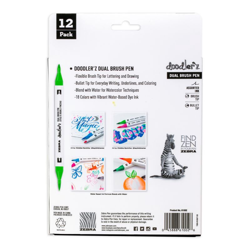 slide 7 of 7, Zebra 12pk Dual Brush Pens Doodler'z Colorful Gifting: Art Stationery, 0.6mm Quick Drying Double Tip Markers, Teacher Supplies, 12 ct