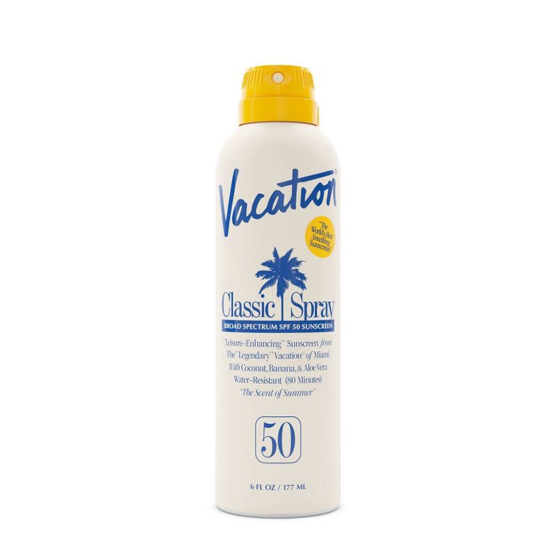 slide 1 of 9, Vacation Classic Sunscreen Spray - SPF 50 - 6 fl oz: Whole Body, Sun Protection, Pineapple Banana Coconut Scents, 50 ct; 6 fl oz