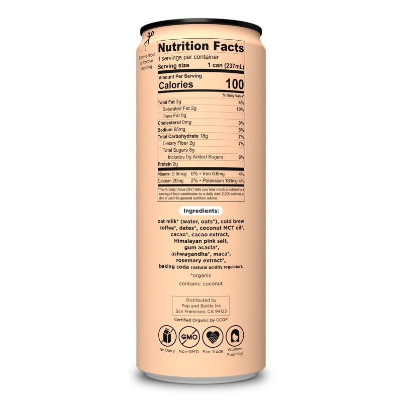 slide 6 of 6, Pop & Bottle Mocha Cold Brew Oat Milk Latte with Adaptogens - 8 fl oz Can, 8 fl oz