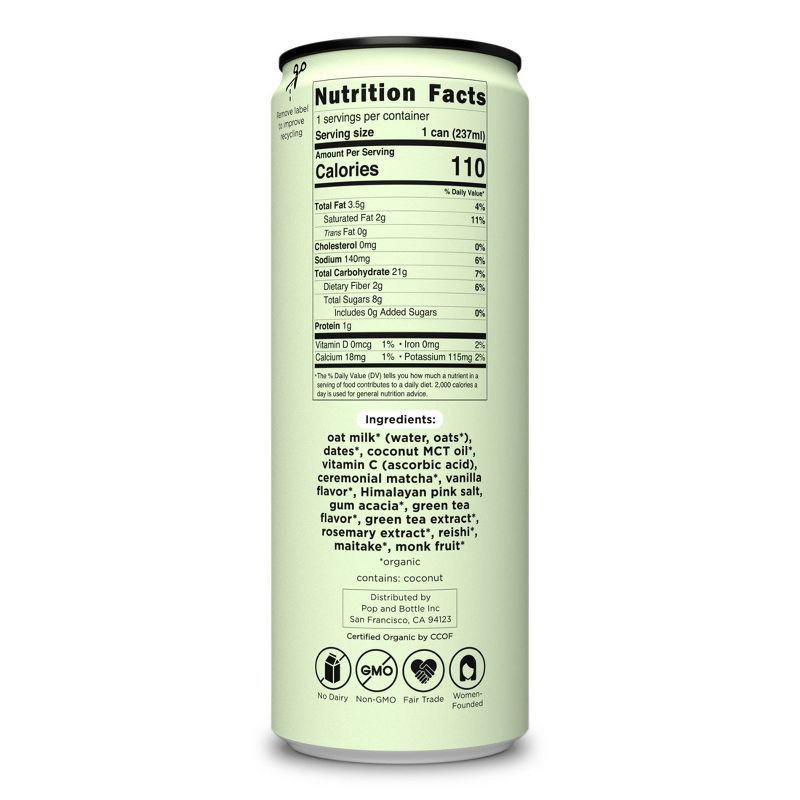 slide 9 of 9, Pop & Bottle Matcha Green Tea Oat Milk Latte with functional boost from Reishi and Maitake - 8 fl oz Can, 8 fl oz