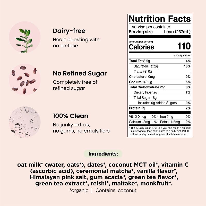 slide 6 of 9, Pop & Bottle Matcha Green Tea Oat Milk Latte with functional boost from Reishi and Maitake - 8 fl oz Can, 8 fl oz