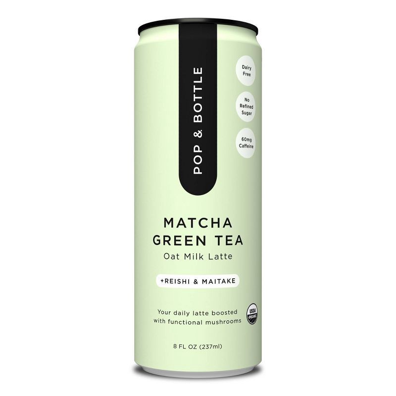 slide 1 of 9, Pop & Bottle Matcha Green Tea Oat Milk Latte with functional boost from Reishi and Maitake - 8 fl oz Can, 8 fl oz
