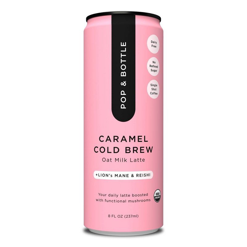 slide 1 of 6, Pop & Bottle Caramel Cold Brew Oat Milk Latte with functional boost from Reishi and Lion's Mane - 8 fl oz Can, 8 fl oz