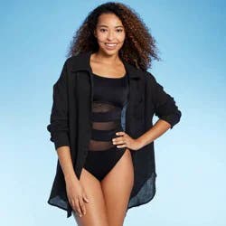 Women's Button-Up Cover Up Shirtdress - Shade & Shore™ Black XL