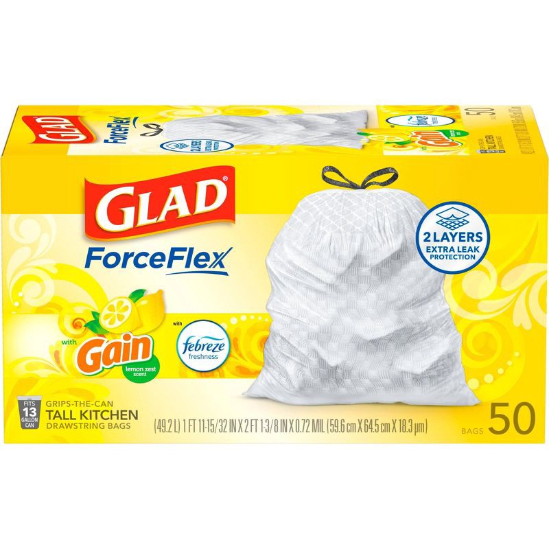 slide 8 of 9, Glad ForceFlex DrawString Trash Bags - Lemon Zest - 13gal/50ct, 13 gal, 50 ct