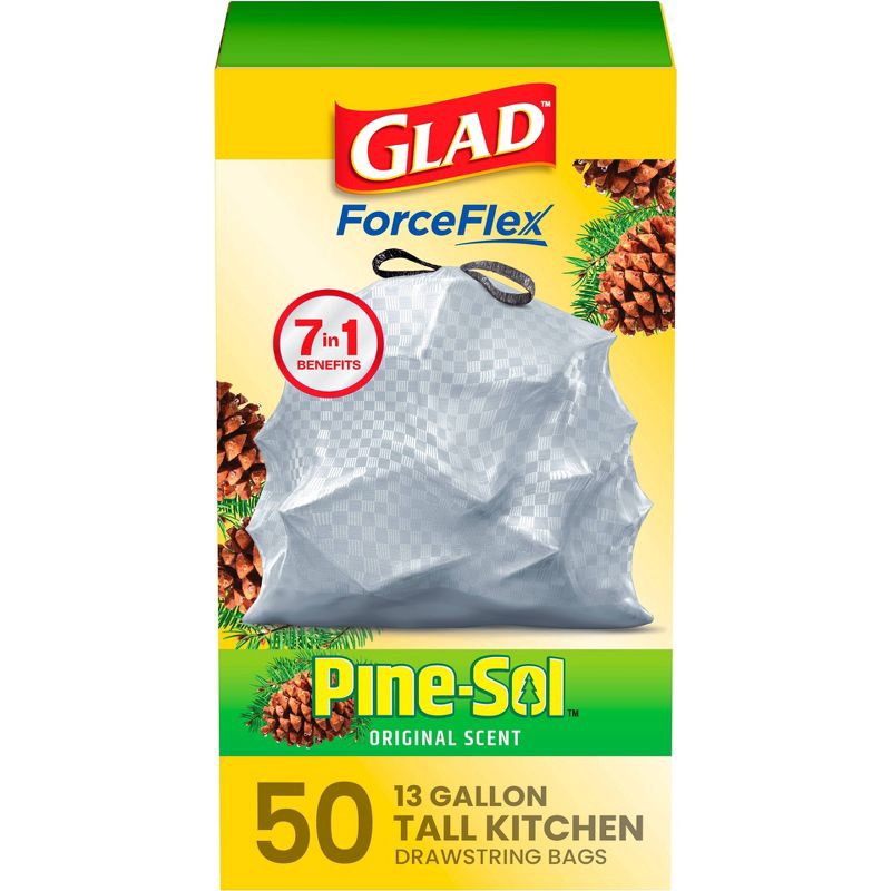 slide 1 of 12, Glad ForceFlex Drawstring Trash Bags - Pinesol - 13gal/50ct, 13 gal; 50 ct