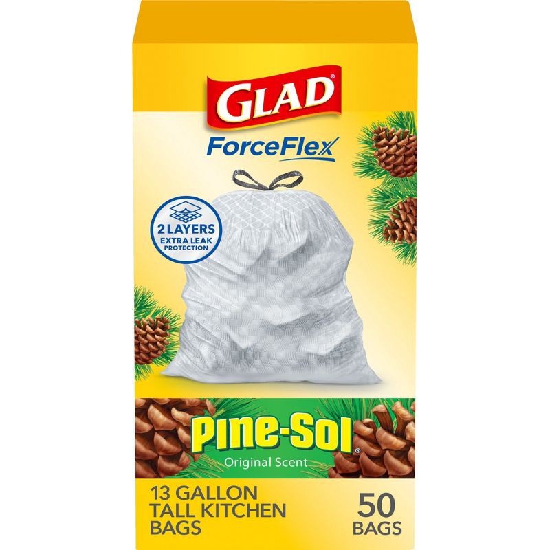 slide 1 of 11, Glad ForceFlex Drawstring Trash Bags - Pinesol - 13gal/50ct, 13 gal, 50 ct