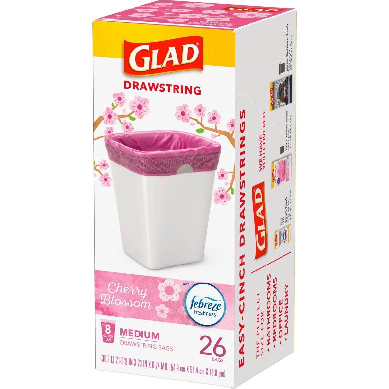 slide 4 of 9, Glad DrawString Trash Bags - Cherry Blossom - 8gal - 26ct, 8 gal, 26 ct