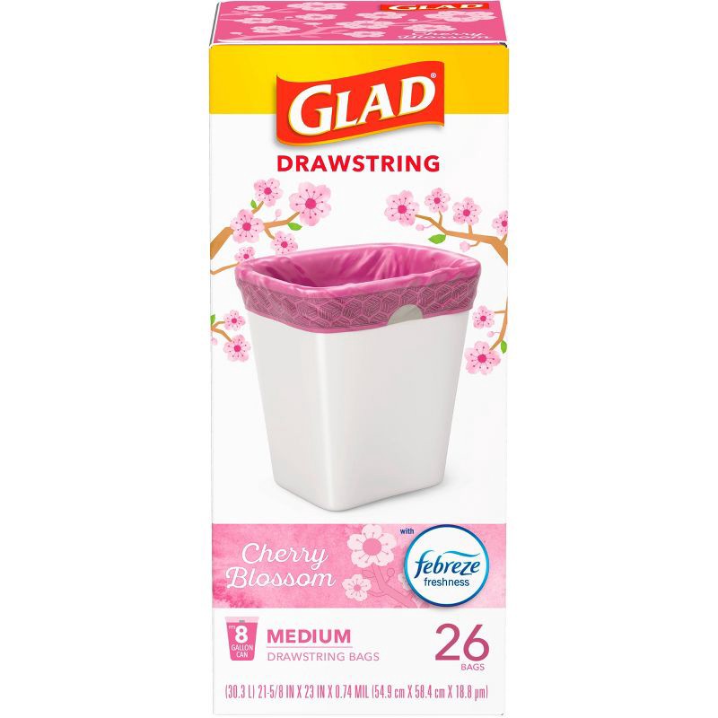 slide 1 of 11, Glad DrawString Trash Bags - Cherry Blossom - 8gal - 26ct, 8 gal, 26 ct
