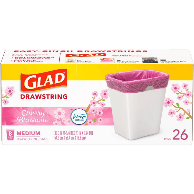 slide 8 of 9, Glad DrawString Trash Bags - Cherry Blossom - 8gal - 26ct, 8 gal, 26 ct