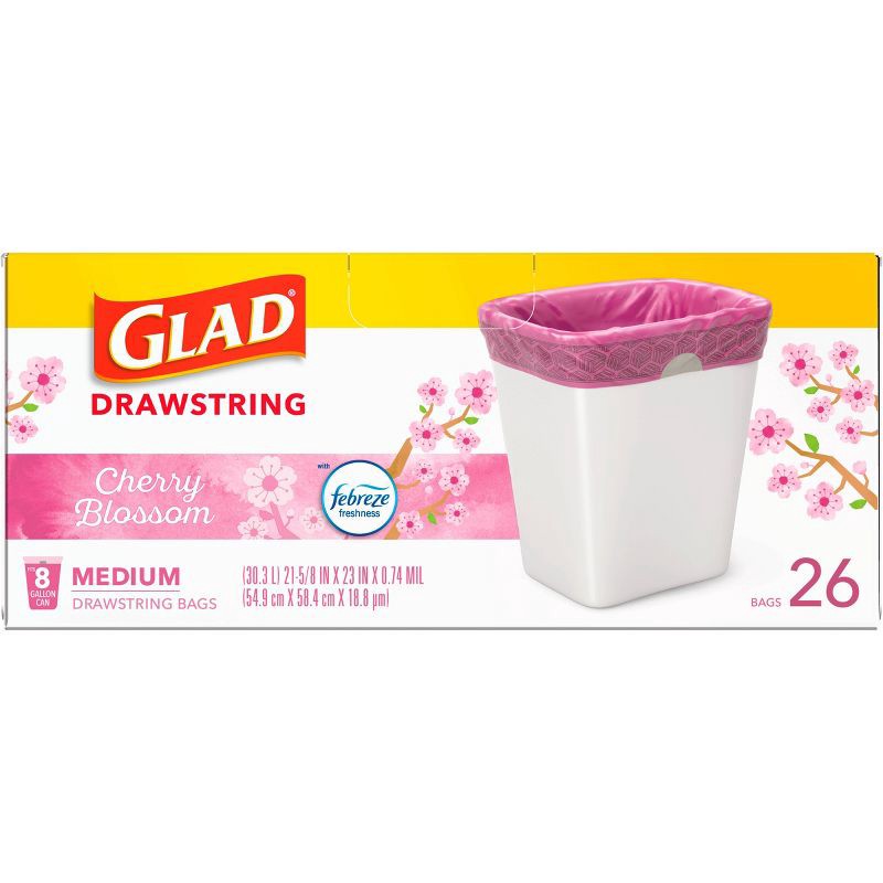 slide 9 of 9, Glad DrawString Trash Bags - Cherry Blossom - 8gal - 26ct, 8 gal, 26 ct
