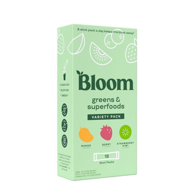 slide 3 of 3, BLOOM NUTRITION Greens and Superfoods - Mango/Berry/Strawberry Kiwi - Variety Box - 18ct, 18 ct