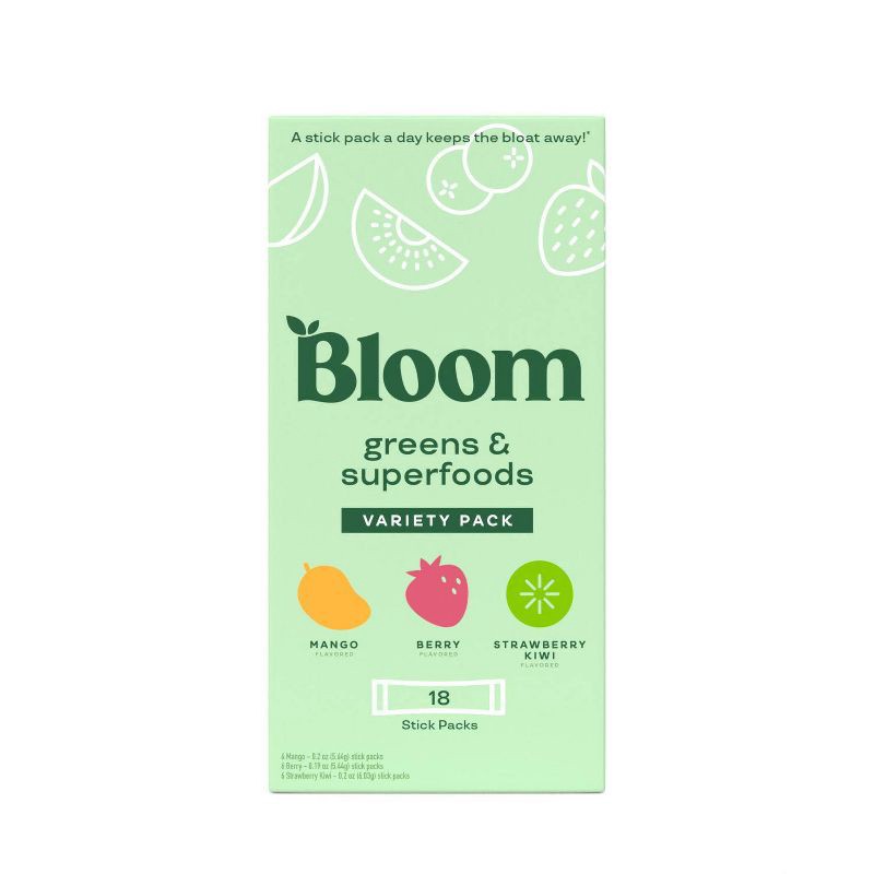 slide 1 of 3, BLOOM NUTRITION Greens and Superfoods - Mango/Berry/Strawberry Kiwi - Variety Box - 18ct, 18 ct