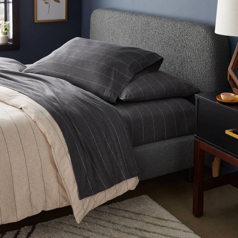 slide 2 of 4, Full Cotton Jersey Sheet Set Dark Gray Striped - Threshold™: Knitted, Includes 2 Pillowcases, Machine Washable, 1 ct