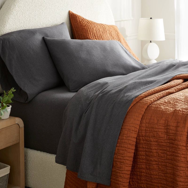 slide 2 of 4, Queen Cotton Jersey Sheet Set Heather Charcoal - Threshold™: 4-Piece, 100% Cotton, OEKO-TEX Certified, 1 ct