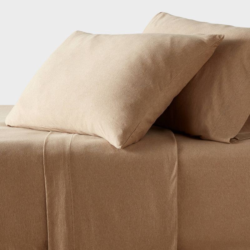 slide 1 of 4, Full Cotton Jersey Sheet Set Brown Heather - Threshold™: Knitted, Gender Neutral, Includes 4 Pieces, Fits up to 17" Mattress, 4 ct