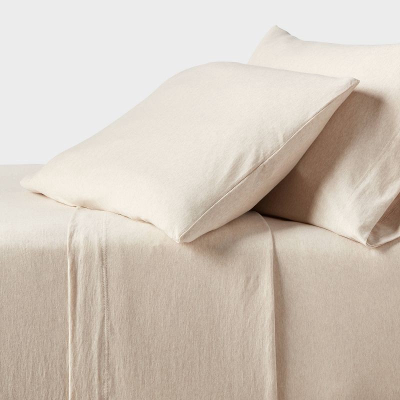 slide 1 of 4, Queen Cotton Jersey Sheet Set Heather Oatmeal - Threshold™: 4-Piece, Machine Washable, OEKO-TEX Certified, 1 ct