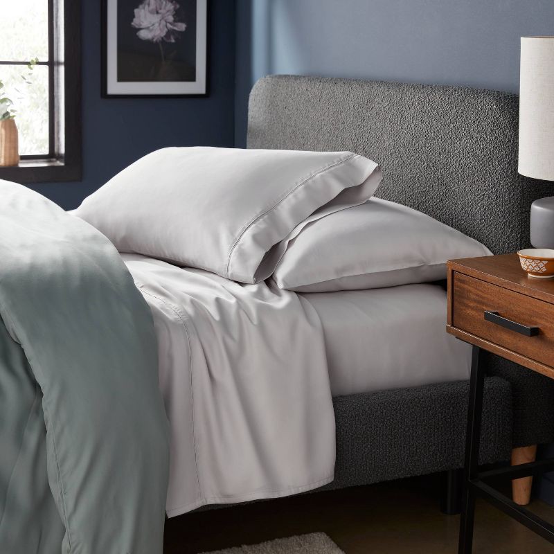 slide 2 of 4, Queen 320 Thread Count Cool TENCEL® Lyocell Sheet Set Light Gray - Threshold™: Satin Weave, OEKO-TEX Certified, 4-Piece Set, 1 ct