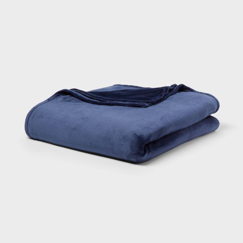 slide 1 of 3, Twin/Twin XL Blanket Navy - Room Essentials™: Lightweight Knitted, Recycled Polyester, Machine Washable, 1 ct