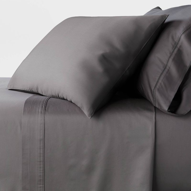 slide 2 of 3, Queen 400 Thread Count Performance Fitted Sheet Dark Gray - Threshold™: Cotton Sateen, Machine Washable, Fits 18" Mattress, 1 ct