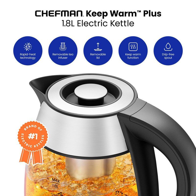 slide 2 of 9, Chefman 1.8L Rapid-Boil Kettle with Keep Warm and Tea Infuser - Stainless Steel: Electric Water Boiler, 1500W, Silver, 1.8 liter