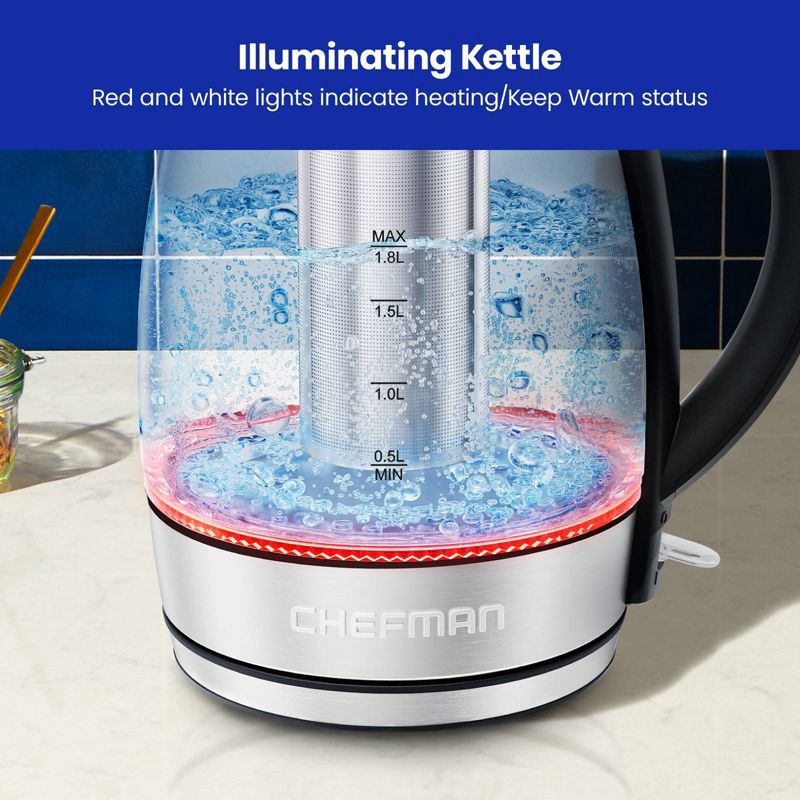 slide 6 of 9, Chefman 1.8L Rapid-Boil Kettle with Keep Warm and Tea Infuser - Stainless Steel: Electric Water Boiler, 1500W, Silver, 1.8 liter